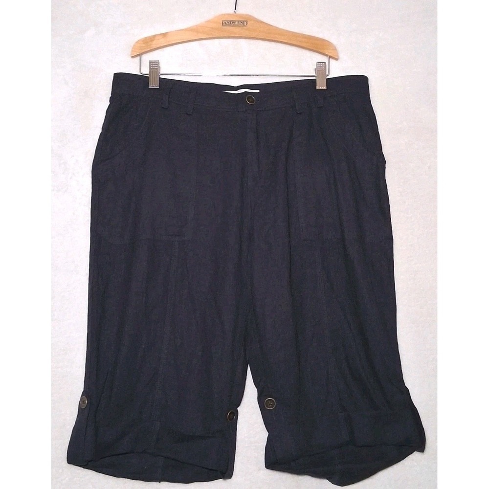 Larry Levine Women Cargo Style Bermuda Shorts Size 10 Navy Linen Blend Roll Cuff